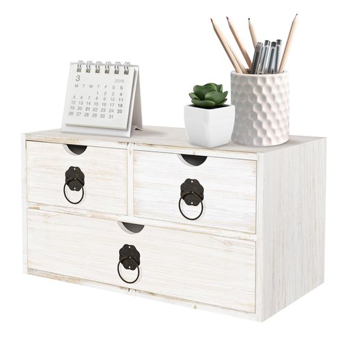 SeekElegant Wood Desk Organizer with Drawer, White Wooden Desktop Organizer, Tabletop Storage Organization Box for Countertop, Home Office Supplies (3 Drawer)