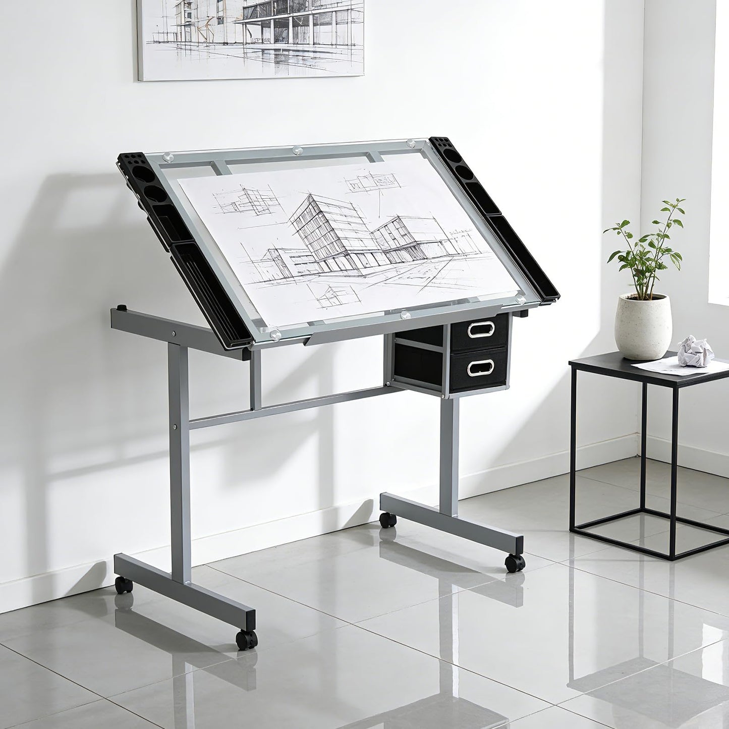 Magshion Professional Drafting Table for Adults Teens, Tilting Glass Tabletop Art Craft Desk Diamond Watercolor Paintings Sketching Work Station for Home Office Reading, Writing, Crafting (Clear)