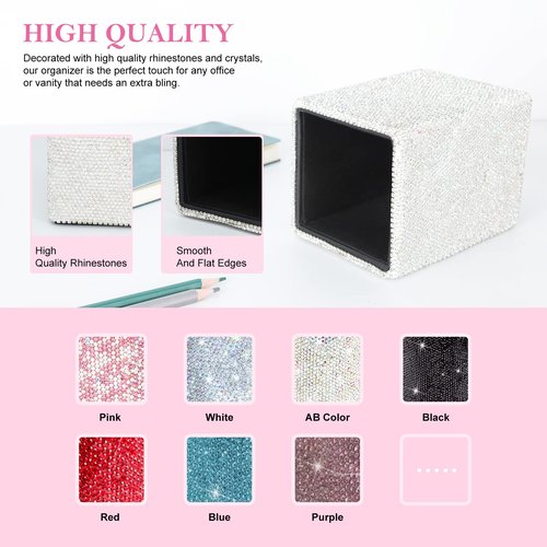 KEYPOWER Crystal Pencil Pot Holder Box Bling Rhinestone Pen Organizer Holder Cosmetic Pen Container Comb Brushes Personalized (Square White&AB Color)