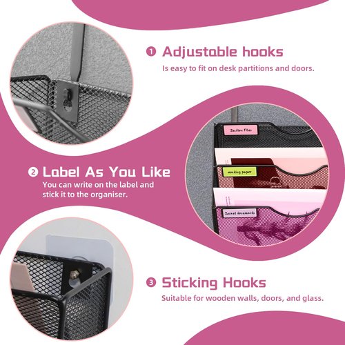 3 Pockets Mesh Wall File Holder Organizer Office Hanging File Folder Magazine Rack, Nametag Label Hooks Set Included (Black)