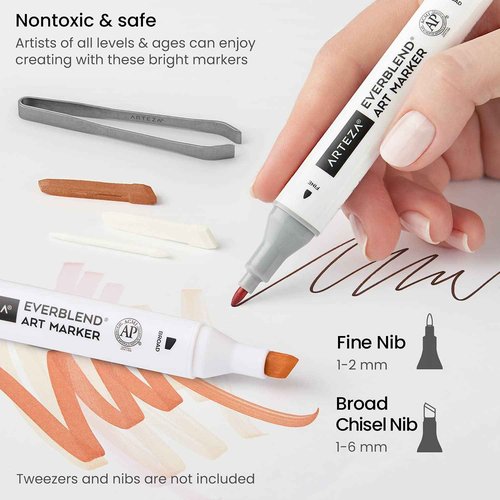 ARTEZA Alcohol Markers – Set of 36 Portrait & Skin Tone EverBlend Dual Tip Markers with Fine and Chisel Nibs and Organizer Box for Drawing