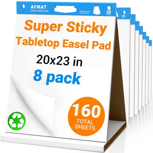 AFMAT Tabletop Sticky Easel Pad, 20 x 23 in Portable Easel Stands for Teachers, Super Sticky & Bleed-Resistant, Self-Stick Easel Paper for Office/Classroom/Training/Presentation, 20 Sheets/Pad, 8 Pads