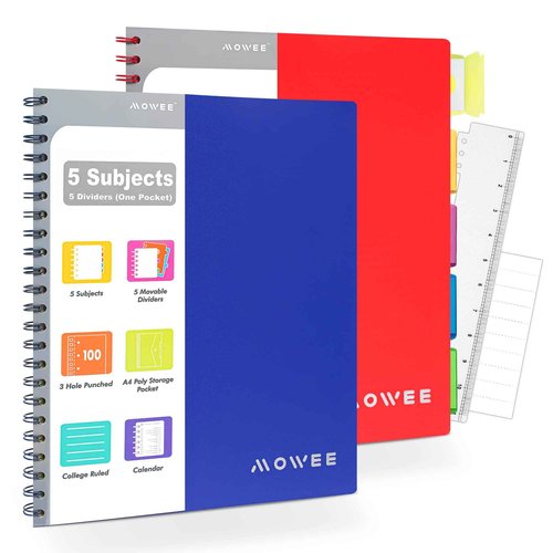 MOWEE 2 Pack- 5 Subject Notebook, College Ruled Notebook 3-Hole Punched With Dividers, Storage Pockets, 11" Ruler, 200 Pages, for Writing Journal, Home &Office, School Supplies（RB）