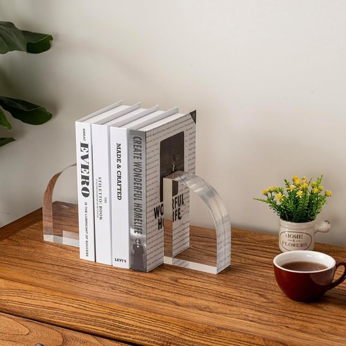 Modern Luxury Premium Clear Acrylic Bookends in Arc Quadrant Shape, Decorative Heavy Duty Book End Holder for Office Desk or Bookshelf Stopper, 1 Pair