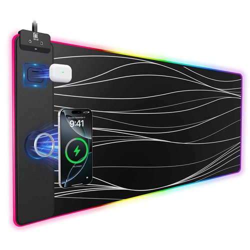 Mouse Pad with Magnetic Wireless Charging, Large Desk Pad Protector, RGB Black Mousepad Desk Mat with 15W Fast Charger, 4mm Thick Non-Slip, Waterproof Laptop Writing Pad for Office, Home, Gaming