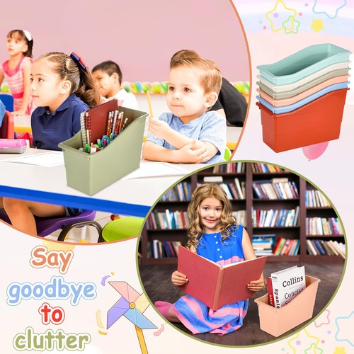 6 Pack Book and Binder Holders Boho Book Bins for Classroom Organization Premium Plastic Boxes Baskets Storage Containers for Library Home Office Teacher Supplies Accessories School Classroom Decor