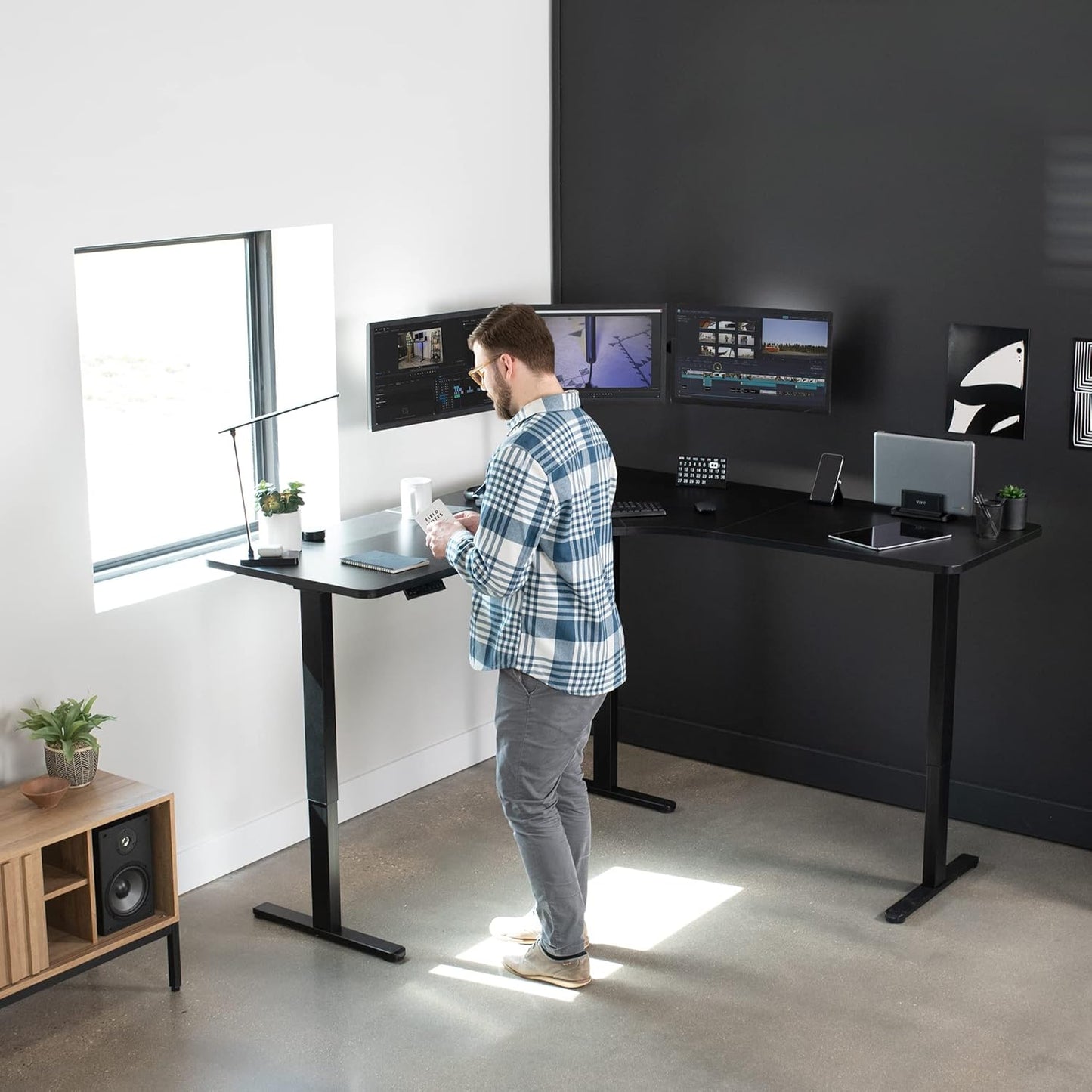 VIVO Electric Height Adjustable L-Shaped Stand Up Desk - 71"x71" Curved Black Table Top & Frame | Memory Controller