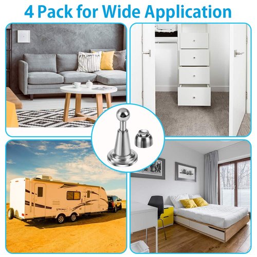 Door Stopper,4 Pack Magnetic Door Stop, Soft-Catch Magnetic Door Catch, Door Hold Open, Stainless Steel, Brushed Satin Nickel Chrome, Hold Your Door Open Softly, Wall Mount, 4 Pack for Wide Doors