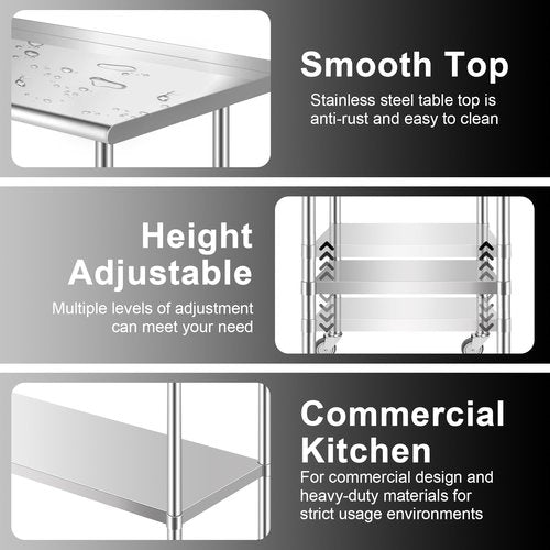 ERfairdeal 36 x 24 Inch Stainless Steel Table w/Backsplash, Commercial Work Table Prep Workstation with Galvanized Legs, Adjustable Undershelf and Wheels for Home Kitchen Restaurant Outdoor