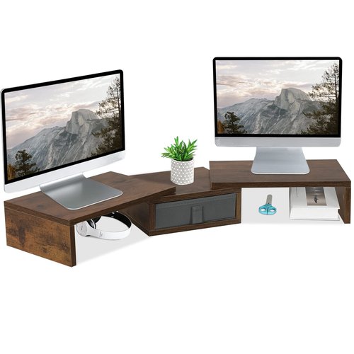 TEAMIX 3 Shelf Monitor Stand Riser With Drawer - Length and Angle Adjustable Dual Riser With Storage Corner Desk Shelf Organizer Large Computer Stand for 2 Monitors/Laptop (Brown, 1 Drawer)