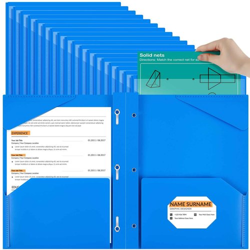Henoyso 48 Pcs Plastic Folder with Clear Front Pocket and 3 Prongs Heavy Duty Plastic Folders with Card Slot Pocket Folders with Prongs for School Office Home(Blue)