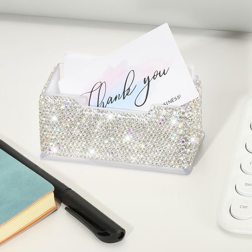PATIKIL Rhinestone Business Card Holder, 2Pcs Crystal Business Card Holders Bling Business Card Organizer Display Stand for Desktop Desk Office Exhibition, White