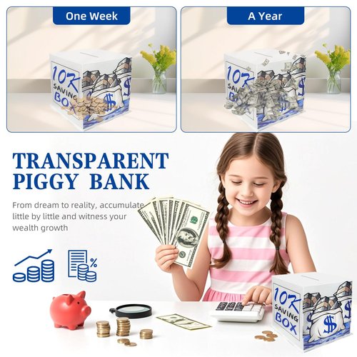 10k Smash Box for Money，6.1 * 6.1 * 6.1in Acrylic 10k Savings Challenge Cash Box for Cash,Transparent, Secure & Portable Piggy Bank for Adults Kids