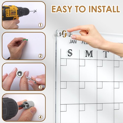 MAKELLO Acrylic Calendar for Wall, Clear Dry Erase Calendar for Office, School, Home, Bedroom, 4 Pens, Pen Holder, Wall-Mount Screws, 24x18 in