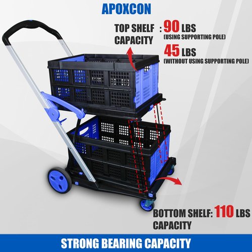 APOXCON Collapsible Shopping Cart with 2 Storage Crates 2-Tier Portable Utility Cart with Swivel Wheels 200lb Capacity Heavy Duty Folding Shopping Trolley for Office Warehouse Catering (Blue)