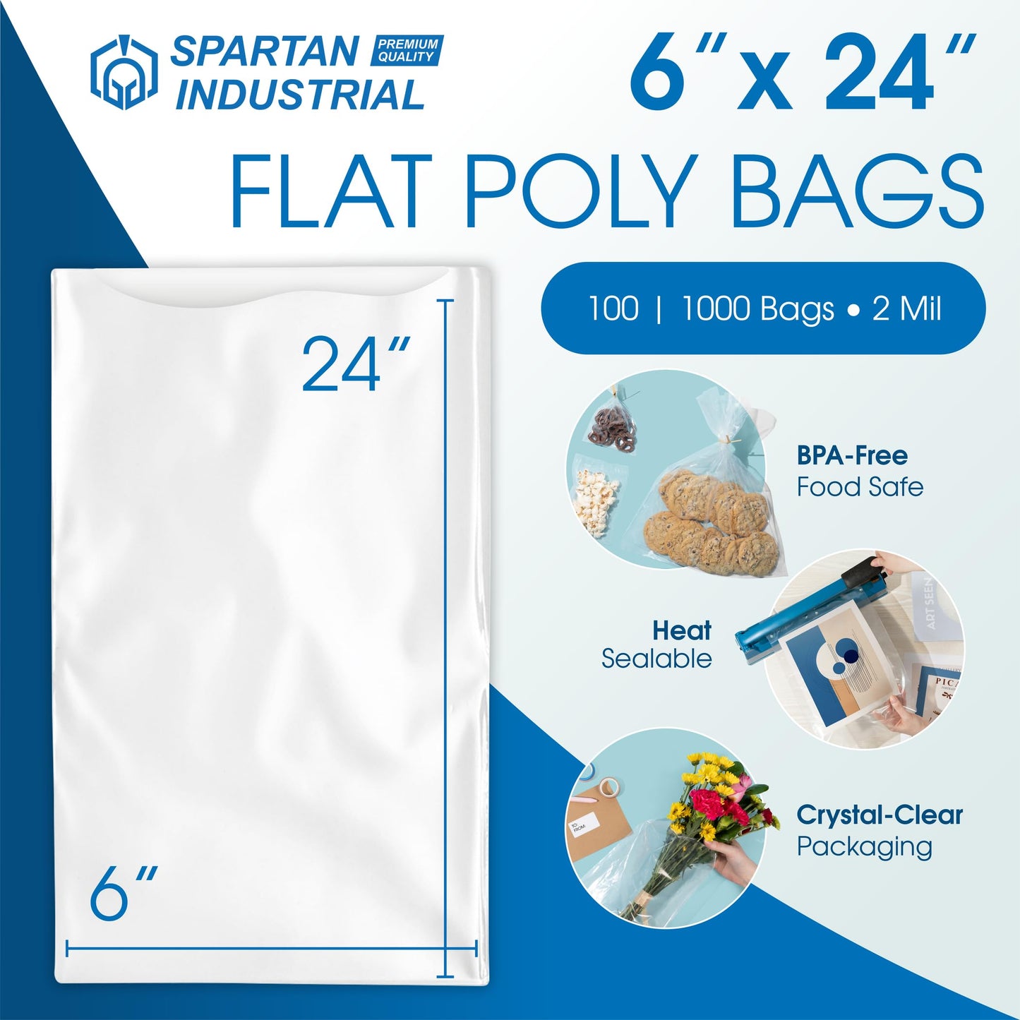 6" X 24" Open-End Flat Poly Bags (100 Count) 2 Mil Clear Plastic - No Adhesive Strip - Clear Poly Bags for Packaging, Shipping, Storage - Spartan Industrial