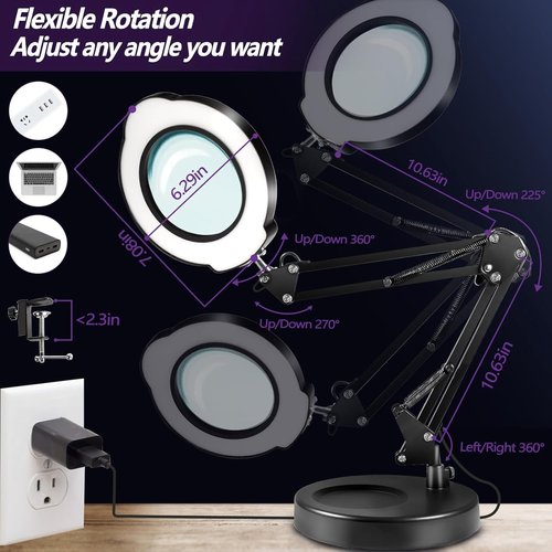 Skiennix 12X Magnifying Glass - LED Lighted with 5 Color Modes & 10 Dimmable Settings | Ideal for Crafts, Reading, and Sewing