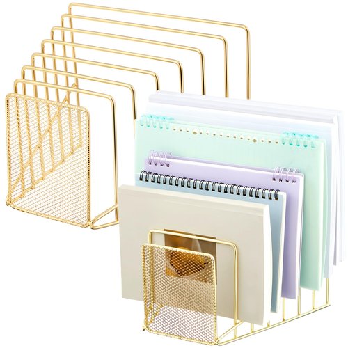 Chivertion 2 Pcs 7 Slot Incline File Sorter Metal Wire Mesh File Racks for Desktop Letter Sorter for Magazine Folder Book Organizer Home Office School Paper Mail Desk Storage Holder(Golden)