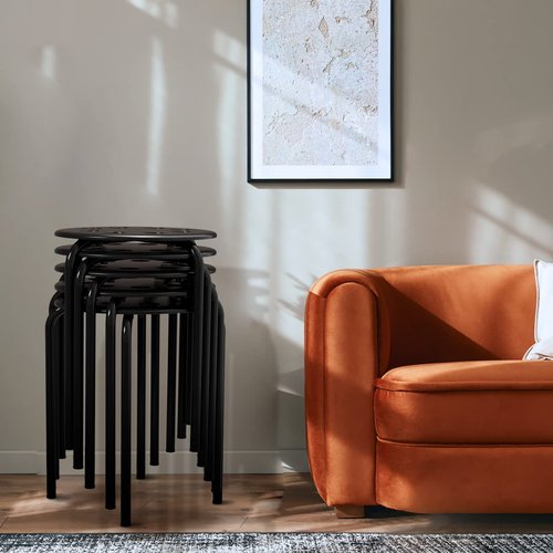 12 Pack Black Plastic Stack Stools - Stackable Stools with Metal Frame, Backless, Round Top for Students, Adults, School, Office, Home