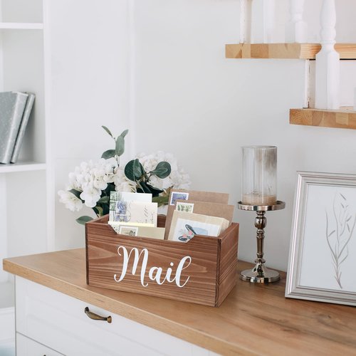 Elegant Designs HG2010-NMW Rustic Farmhouse Wooden Tabletop Decorative Script Word Mail Organizer Box, Letter Holder Office-Accessories-and-décor, Natural Wood/White