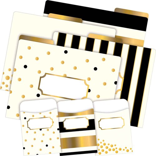 Barker Creek Designer File Folder and Library Pocket Set, Gold, 12 Colorful File Folders printed on 14pt stock and 30 Coordinating Peel & Stick Library Pockets, Home, School and Office Supplies (4411)