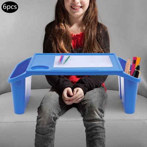 6 Pcs Kids Lap Desk Trays, Plastic Breakfast Laptop Trays with Side Pockets and Phone Slots, Portable Lap Bed Table, Breakfast Trays Serving Tray for Writing Eating Boy Girl, 19.69*9.84*7.1in (Blue)