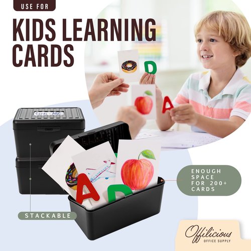 OFFILICIOUS Business Card Organizer 3x5 - Premium Index Card Holder Box for Flashcards, Notecards, Recipes - Recipe Box with Cards & Dividers, Labels, Stickers