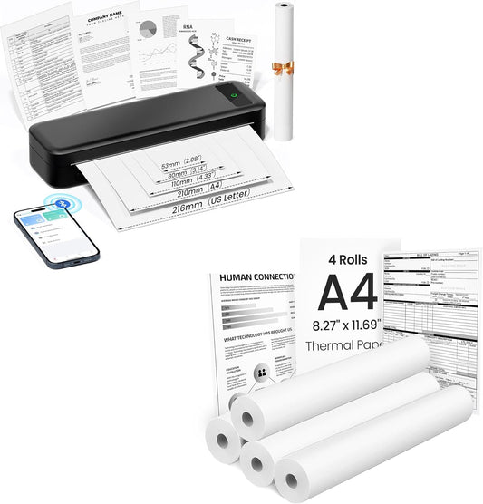 TATTMUSE Bluetooth Portable Thermal Printer - Includes 4 Rolls of A4 Size Thermal Paper (Black)
