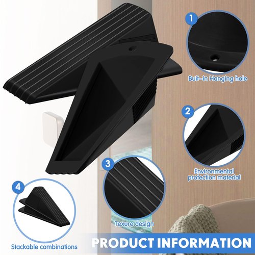 Frienda 4 Pcs Jumbo Door Stoppers Heavy Duty Door Stopper Tall up to 2inch Tall Wedge TPR Large Wedge Stackable Big Rubber Doorstop for Hotel Carpet Hardwood Concrete and Tile (Black)