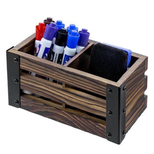 MyGift 2 Compartment Magnetic Office White Board Accessories Holder, Rustic Burnt Solid Wood Dry Erase Marker and Eraser Caddy with Black Metal Corner Brackets