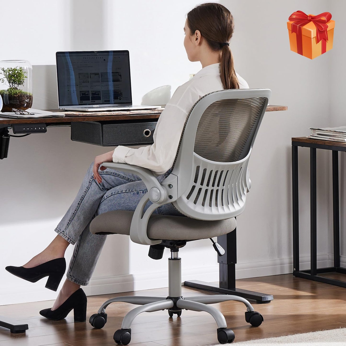 Sweetcrispy Office Desk Chair, Ergonomic Mid-Back Mesh Rolling Work Swivel Task Chairs with Wheels, Comfortable Lumbar Support, Comfy Flip-up Arms for Home, Bedroom, Study, Student, Classic Grey