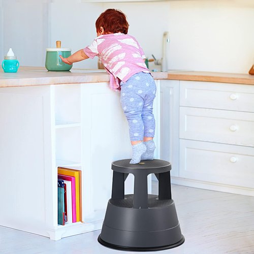 LDAILY Rolling Step Stool, Round Rolling Stool with Wheels Max Load 350 lbs, Non-Slip & Locking Platform, Small Plastic Library Step Stools for Adults & Seniors, Ideal for Kitchen, Home Office, Garage