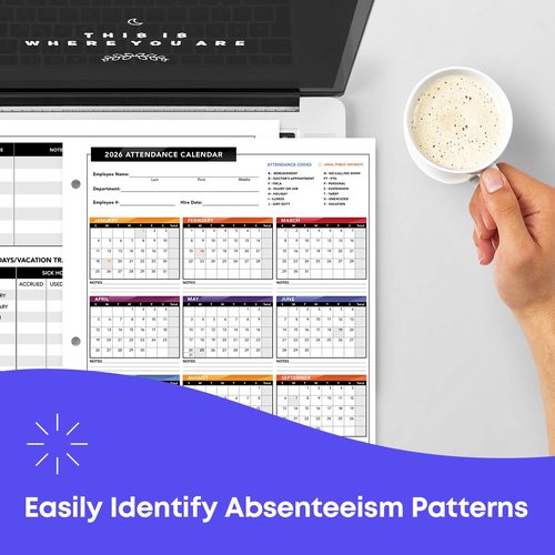 2026 Attendance Calendar – Great Employee Daily Attendance Work Tracker – Bright and Colorful, Printed on Durable and Thick 80lb Cover Cardstock – 3 Hole Punched – 8.5 x 11" – 25 Sheets per Pack