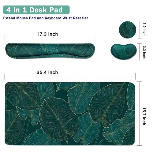 Ergonomic Large Mouse Pad and Keyboard Wrist Rest, Desk Pad for Keyboard and Mouse, 4-in-1 Large Gaming Mouse Pad with Wrist Support for Home Office Study Game-Green Leaves