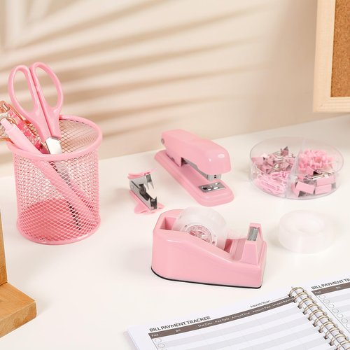 SKYDUE Pink Office Desk Accessories, Pink Office Supplies, Stapler, Tape Dispenser, Scissors, Clips and 1000pcs Staples,Office Supplies for Desk for Women