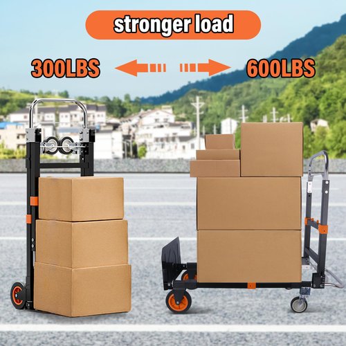 Upgraded 3 in 1 Folding Hand Truck, 600lbs Capacity, Heavy Duty Convertible Dolly with Retractable Handle and 4 Rubber Wheels, Collapsible Cart for Moving Home, Office, Warehouse（Orange）