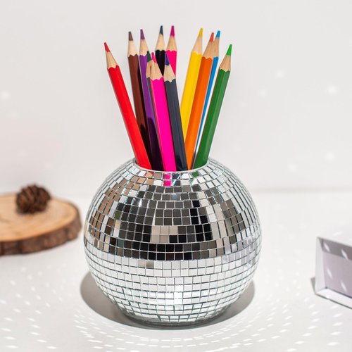 RGBDOT Disco Ball Pencil Holder for Desk - Pen & Makeup Brush Organizer with Silver Sequins, Disco Accessories Decor for Office, Home, or Bedroom - 4 in
