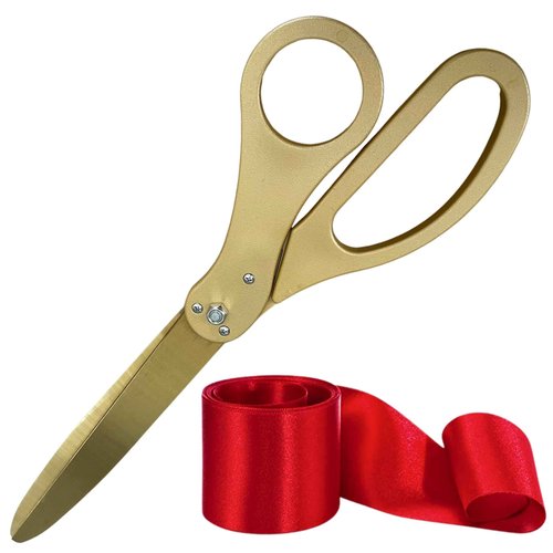 New Edition Grand Opening Kit – 25'' Scissors Gold with Golden Blades for Ribbon Cutting Ceremony with Red Ribbon Heavy Duty Golden Scissors
