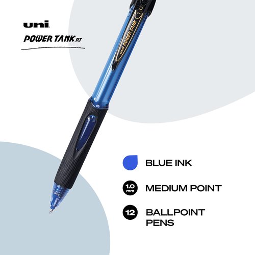 Uniball PowerTank RT Black and Blue Pens 12 Pack 1.0mm Bold Ballpoint Retractable Bulk Office Supplies Colored Pens Fine Point Smooth Writing