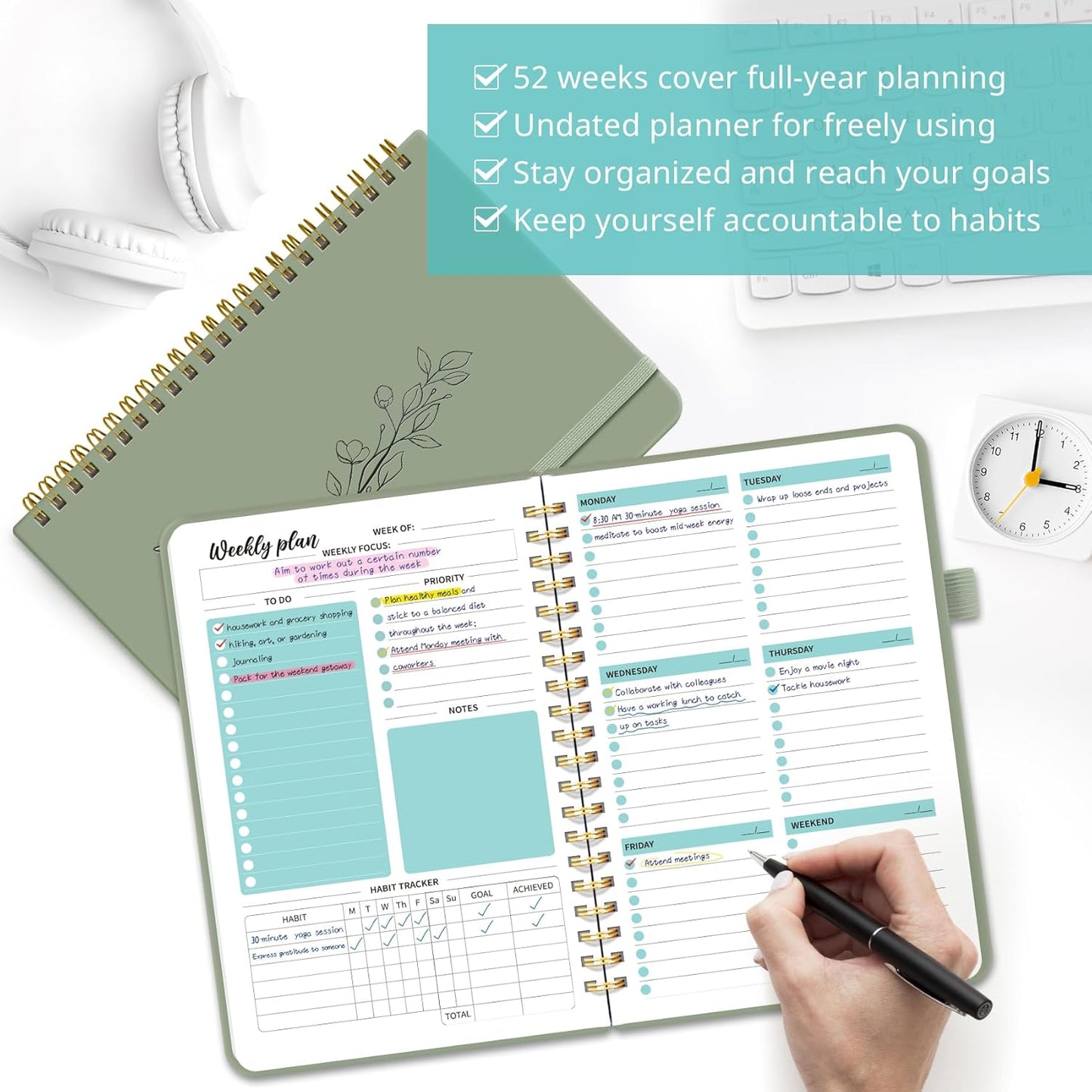 Undated Weekly Planner by [Brand Name] - A5 Goal & Habit Tracker Notebook | 6.1" x 8.2" - Green