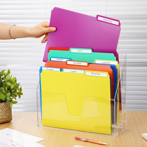 Estune 12 Pack File Folders with Acrylic Vertical Holder Organizer, 1/3 Cut Tab with Folder Letter Size and Labels Horizontal Triple Clear File Paper Desktop Storage Box for Office Desk