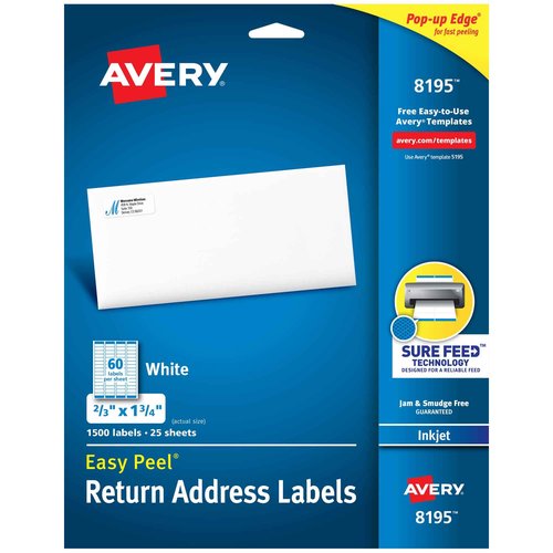 Avery Return Address Labels, Inkjet Printers, 1,500 Labels, 2/3 x 1-3/4, Permanent Adhesive, 5 Packs (8195)
