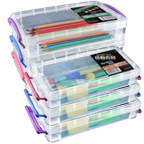 Odowalker 6 Pack Large Capacity Pencil Boxes with Buckles Office Supplies Storage Organizer Box Stackable Clear Pen Container Multipurpose Plastic Pencil Box for Gel Pens Erasers Drawing Tools etc