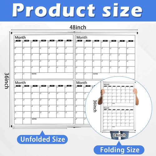 Lincia Large 48" x 36" Magnetic 4 Month Dry Erase Calendar White Board Foldable Whiteboard Calendar for Wall Mounted 2 in 1 Double Side Whiteboard with Dry Erase Board for Wall Office Home