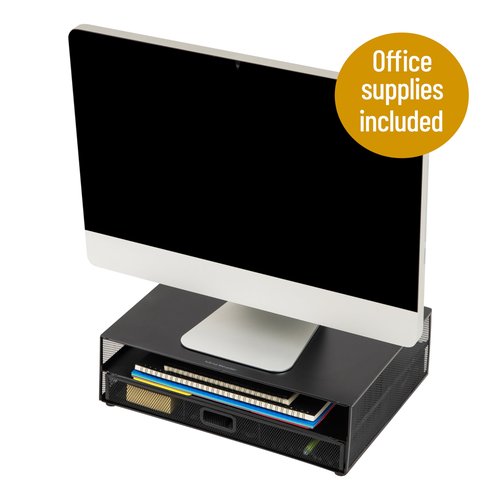 Mind Reader Back to School All in One Bundle for College and Office Monitor Stand with 25 Pc. Supplies included, Storage, Metal, 15.75"L x 11.75"W x 4.5"H, Black