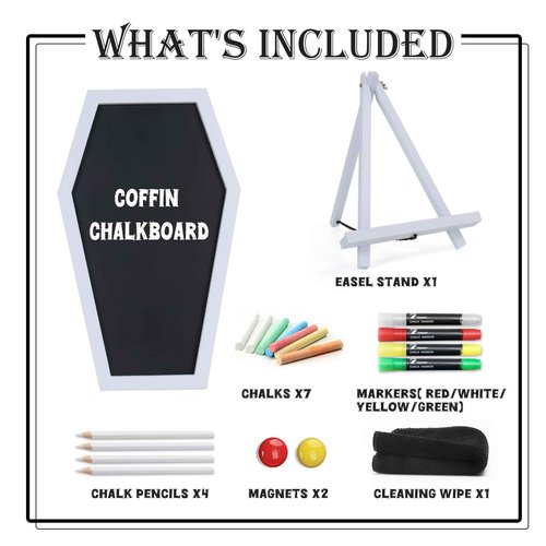 Coffin Chalkboard, Three Legged Stand-up Chalk Board for Desk, Magnetic Chalkboard Easel Sign Tabletop for Home, Office and School - Halloween Decorations Gothic Decor Spooky Gifts, 17''x10.5'', White