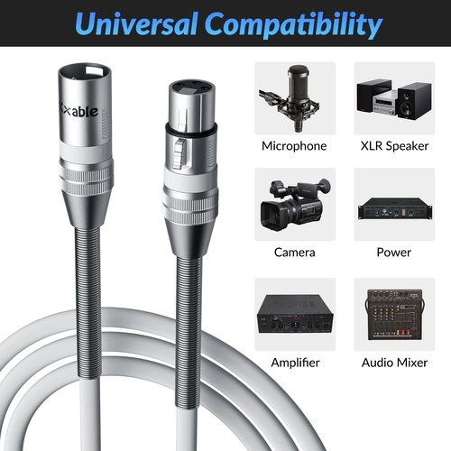Kxable XLR to XLR Cable 6 Feet, Premium XLR Microphone Cable, Heavy Duty 22AWG OFC XLR Male to Female Cord, 3-Pin Shielded Mic Speaker Cable, Zinc Alloy Connectors, Metal Spring SR, White