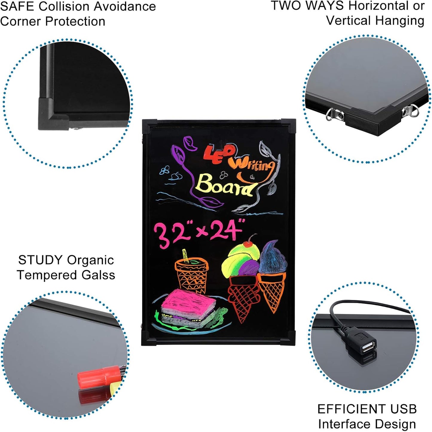 Voilamart LED Message Writing Board - 32" x 24" Illuminated Erasable Chalkboard with Remote Control & 8 Color Markers