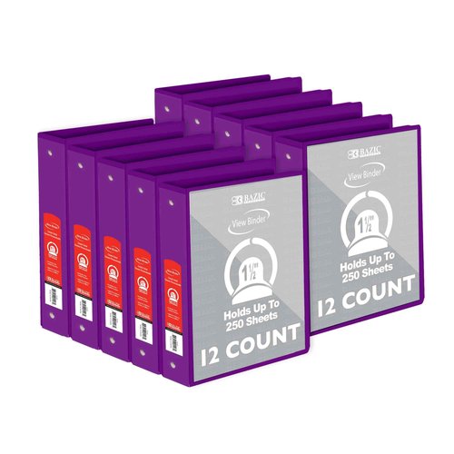 BAZIC Products 3 Ring Binder 1.5" Economy View Binders Organizer - Purple, Round Ring, Hold 280 Sheets Paper, for School Office Home, 12-Count