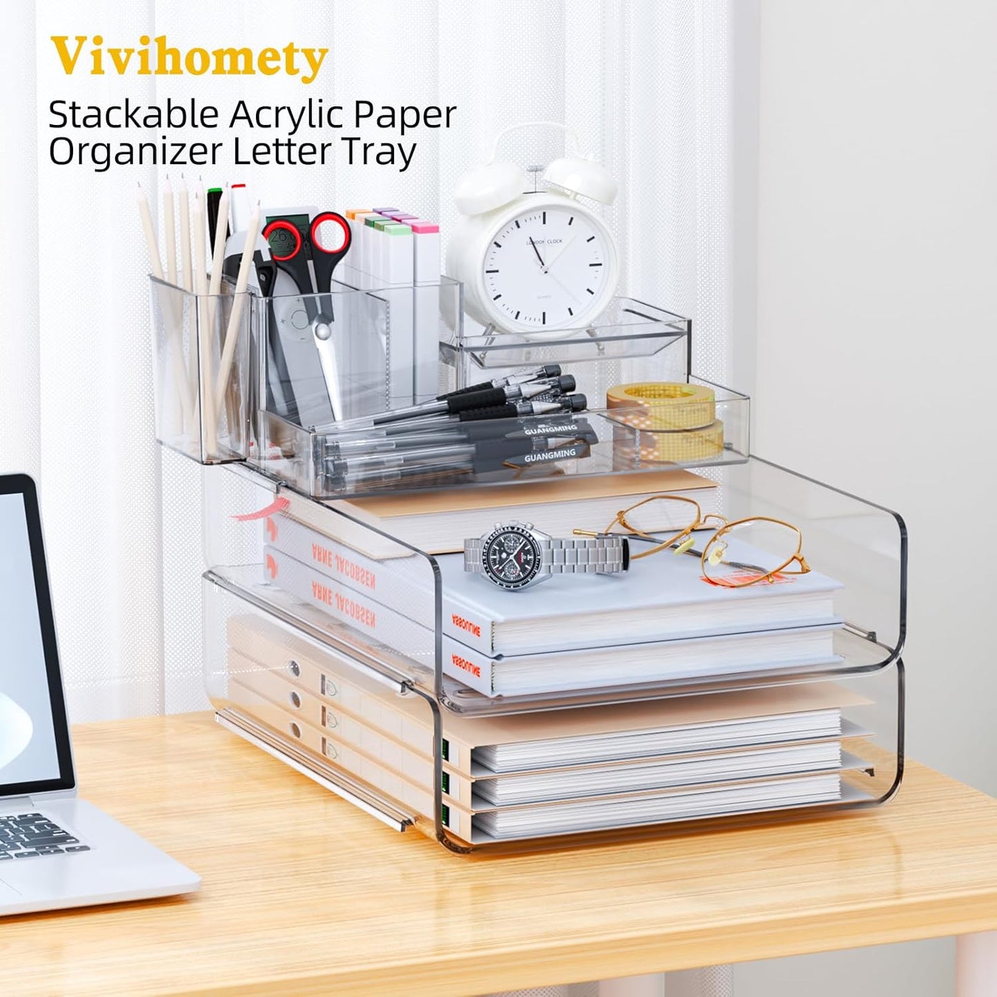 YKLSLH Paper Organizer - Clear Acrylic Stackable Desk File Tray with 5 Compartments & Pencil Holder